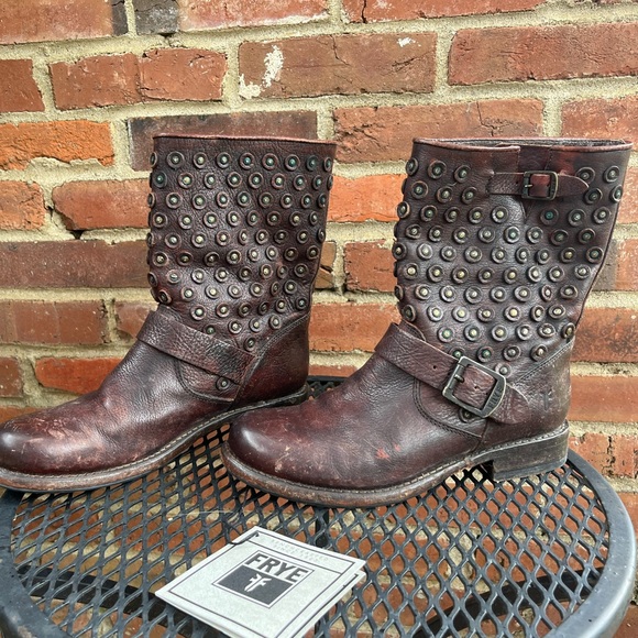 Frye Jenna Disc Short Leather Boots Brown 8 - Picture 3 of 13